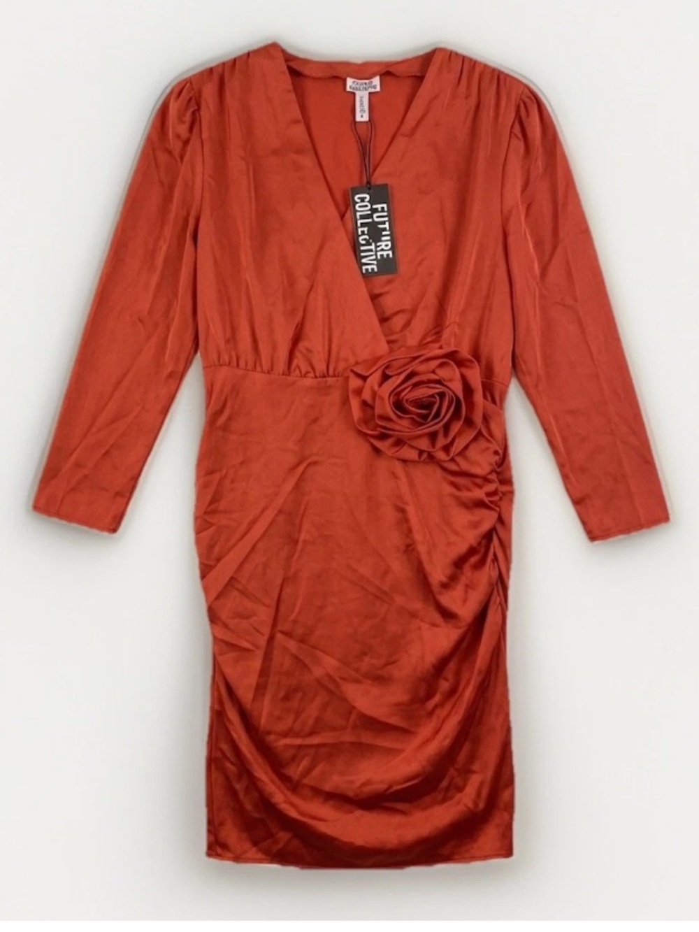 Future Collective Red Satin Midi Wrap Dress with Rosette Waist Accent